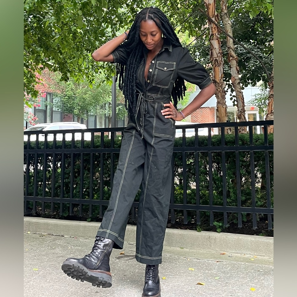 The-East Order Hunter Green culotte jumpsuit.